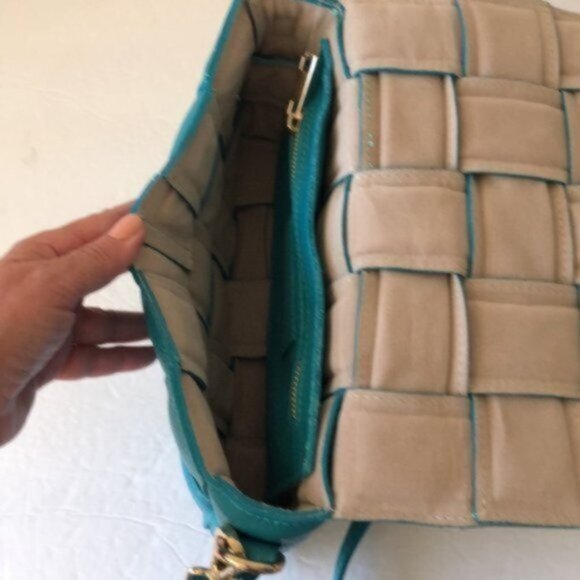 Chiara Ferretti Quilted Italy Leather Flap Over Woven Crossbody Blue Handbag - Picture 6 of 10